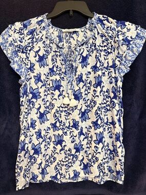 Rose & Olive White and Blue Floral Tassel Tie Blouse